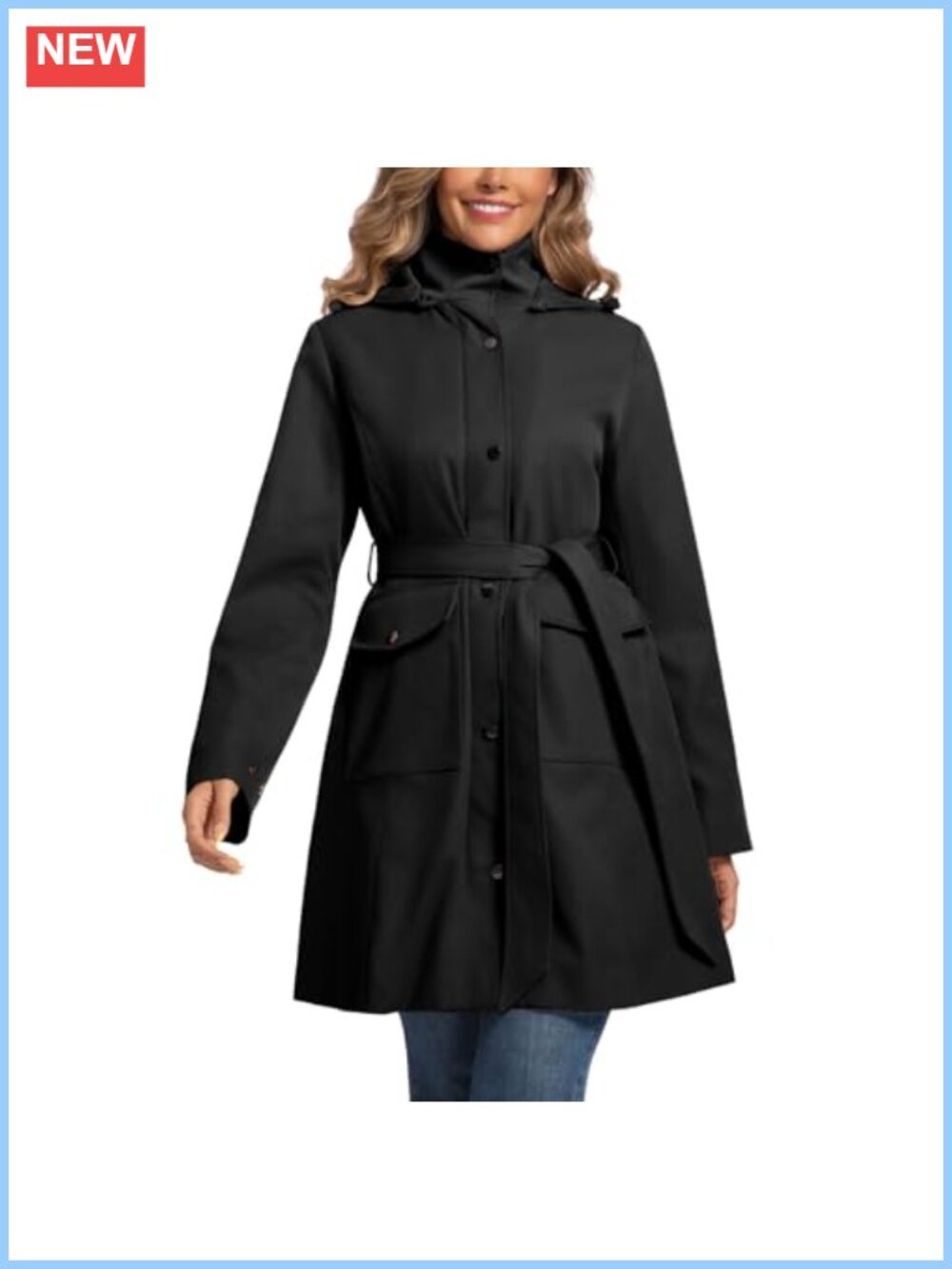 Water Resistant Windproof Trench Coat with Detachable Hood and Belt
